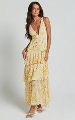 Beryl Midi Dress - Deep V Neck Sleeveless Layered Dress in Yellow Floral