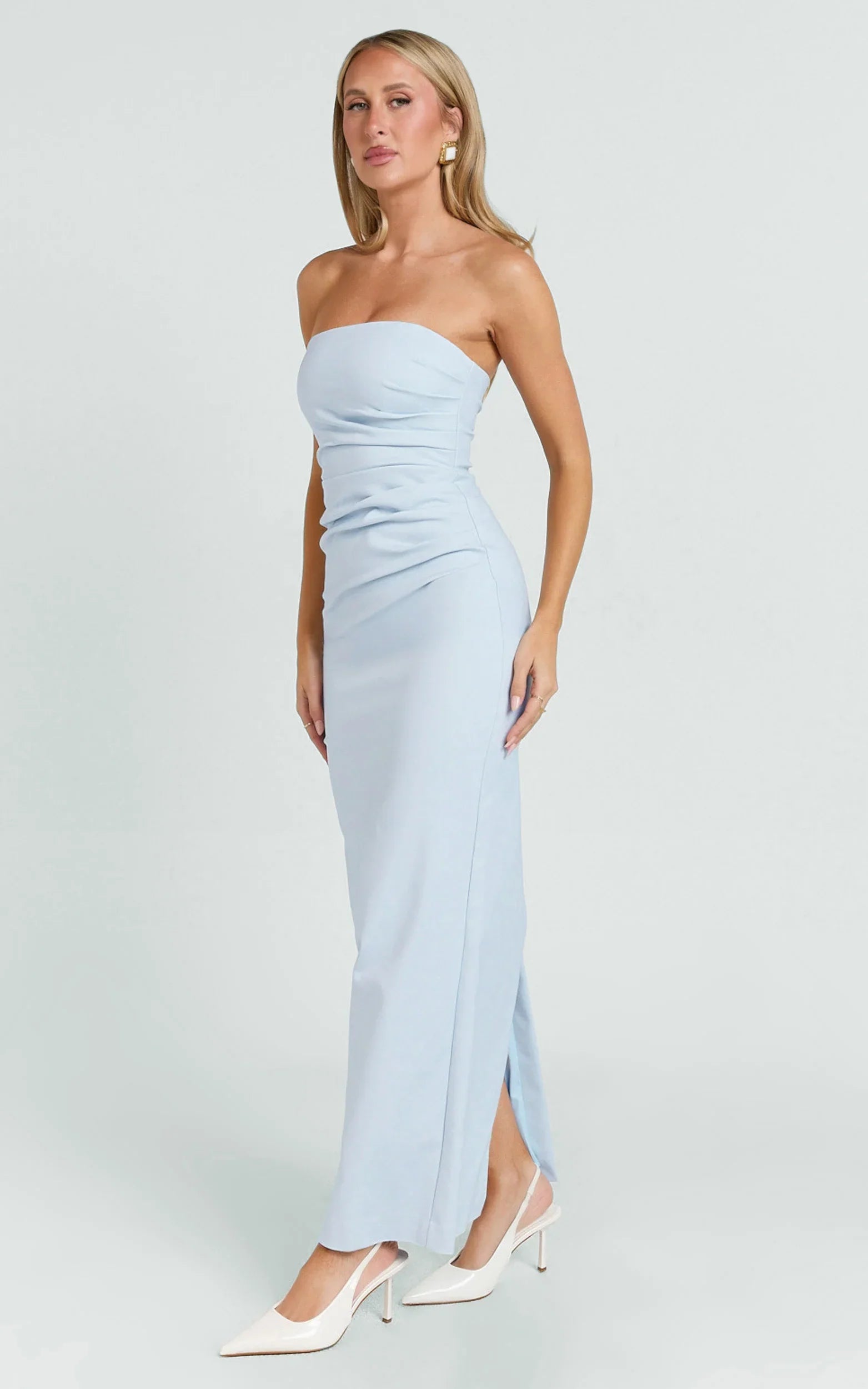 Jamie Maxi Dress - Strapless Ruched Fitted Column Dress in Blue