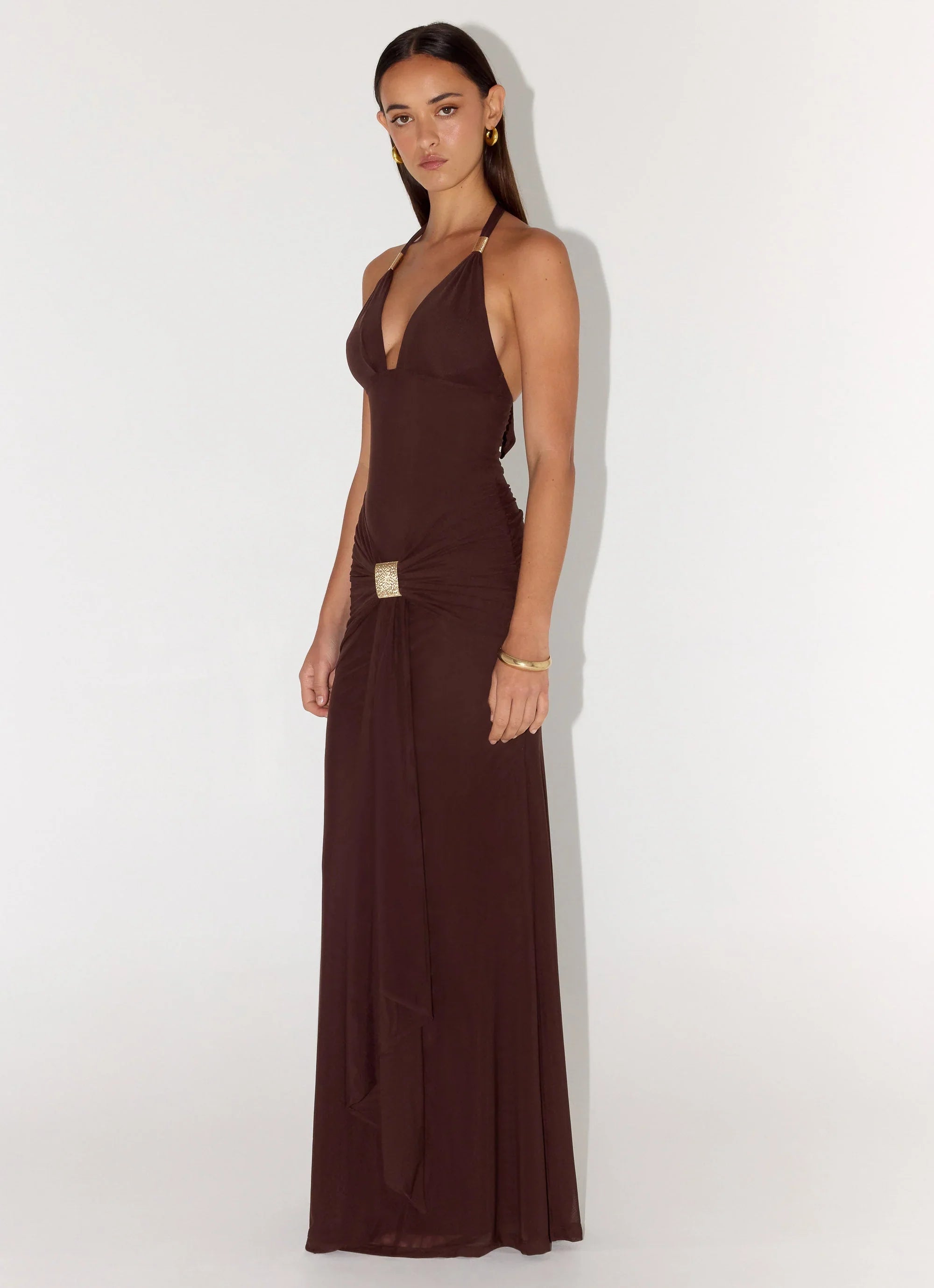 Miyah Halter Hardware Maxi Dress - Chocolate