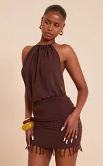 Chocolate Chiffon Halter Neck Ruched Beaded Mini Dress